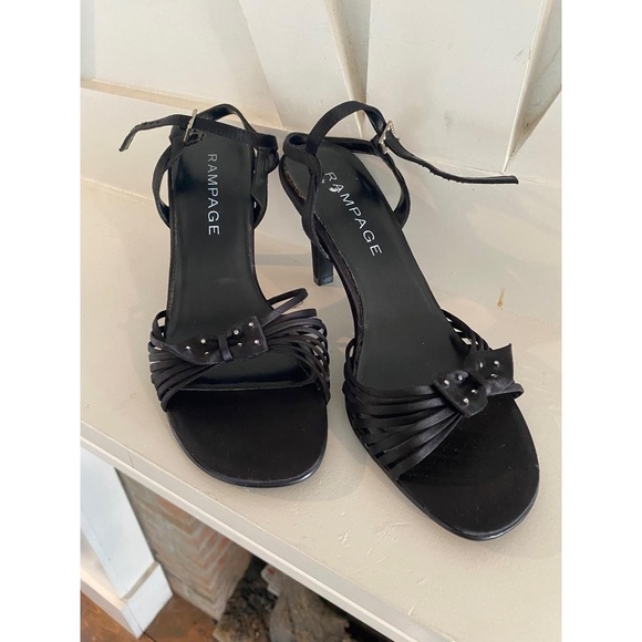 RAMPAGE Y2K Black Kitten Heels Sandals Ankle Strap Open Toe Bow Rhinestone 7.5 - Picture 1 of 7